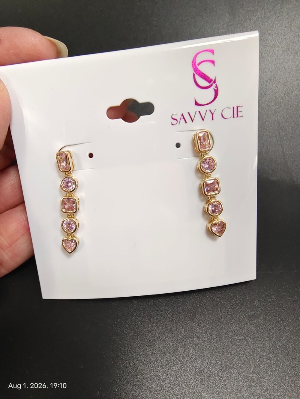 NWOT Savvy Cie Gold-Tone Pink Crystal Linear Drop Earrings MSRP $125